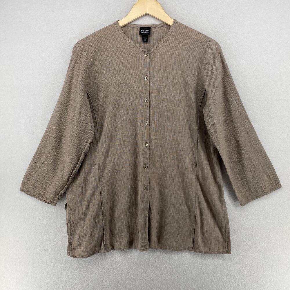 EILEEN FISHER Shirt PM Organic Cotton Tunic Textured Button Up 3/4 Sleeve Brown